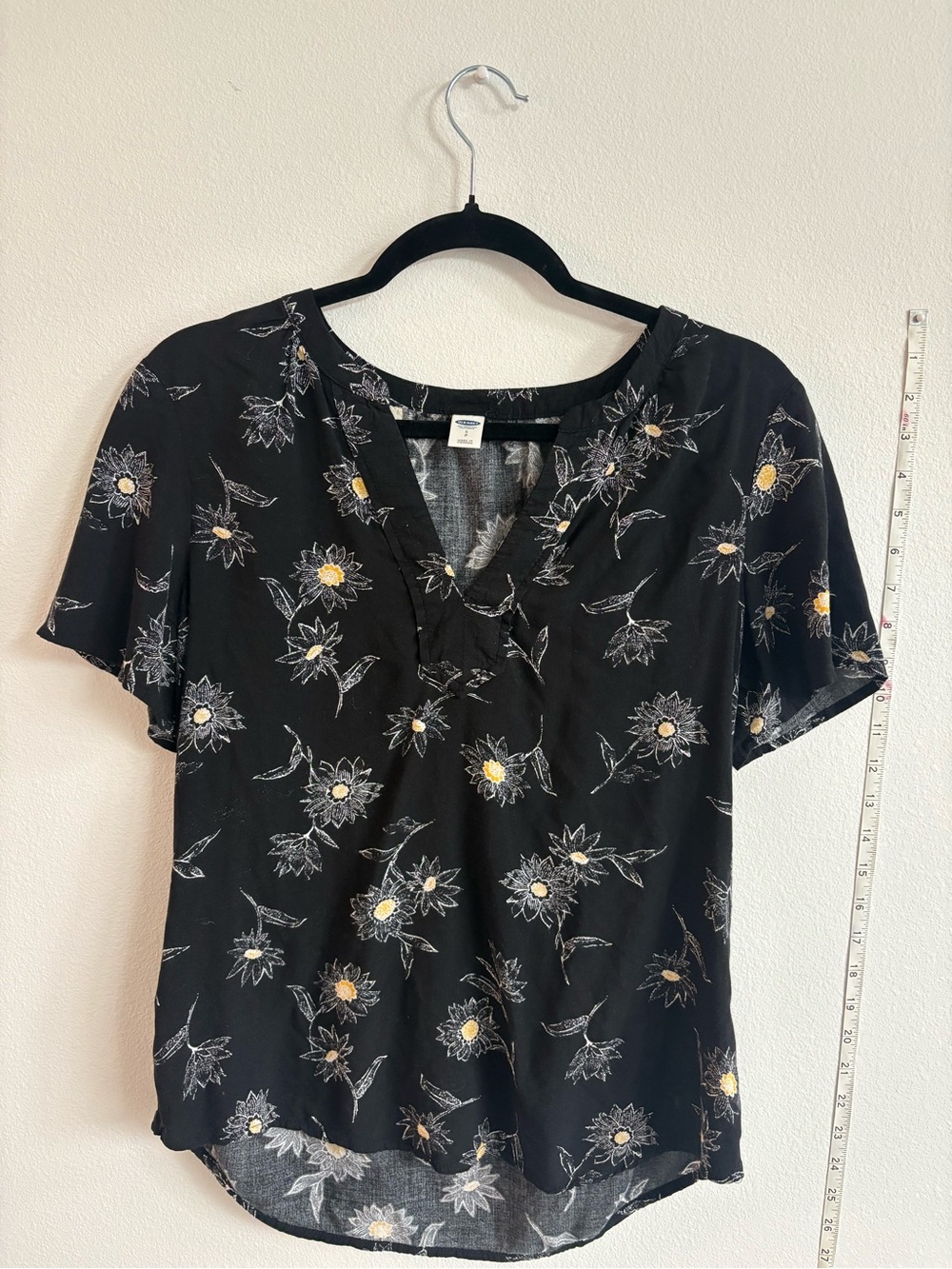 Old Navy Black Floral V-Neck Blouse with Yellow Centers